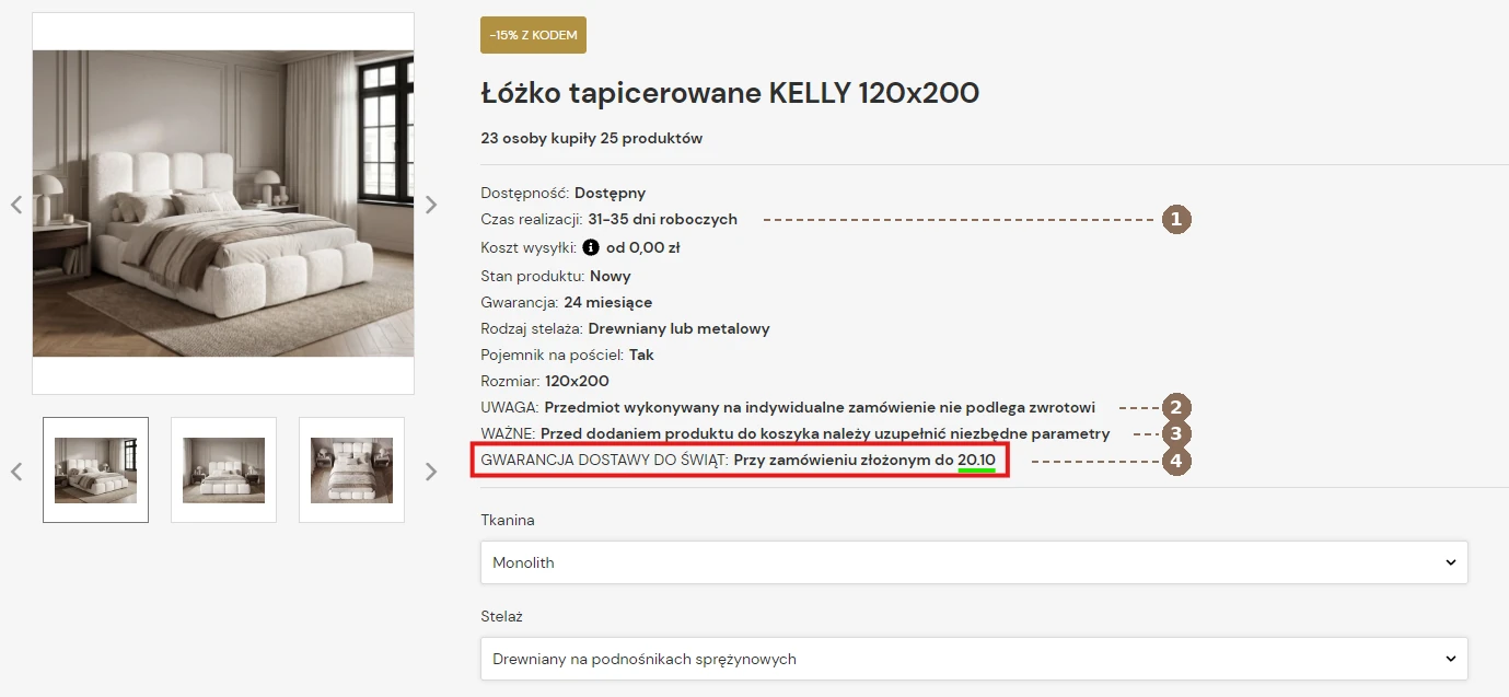 Karta produktu łóżka KELLY 120x200 z oznaczonymi miejscami: czas realizacji, uwaga o braku zwrotu, wymagane parametry i gwarancja dostawy do świąt
