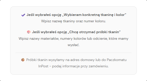 Podpowiedź po kliknięciu ikony „i” przy polu: co wpisać dla każdej opcji oraz informacja o wysyłce próbek do Paczkomatu InPost lub na adres domowy