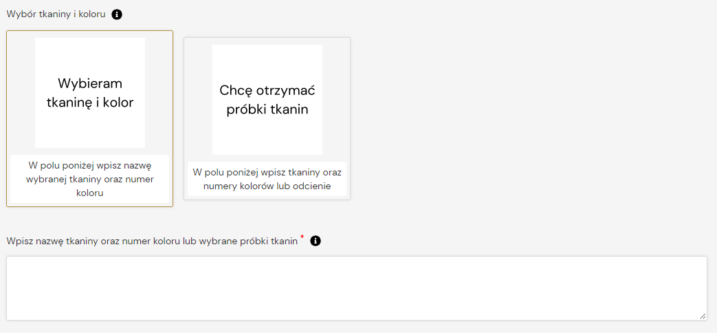 Karta produktu Silk Meble – sekcja „Wybór tkaniny i koloru” z opcjami „Wybieram tkaninę i kolor” oraz „Chcę otrzymać próbki tkanin” i polem na wpisanie tkaniny